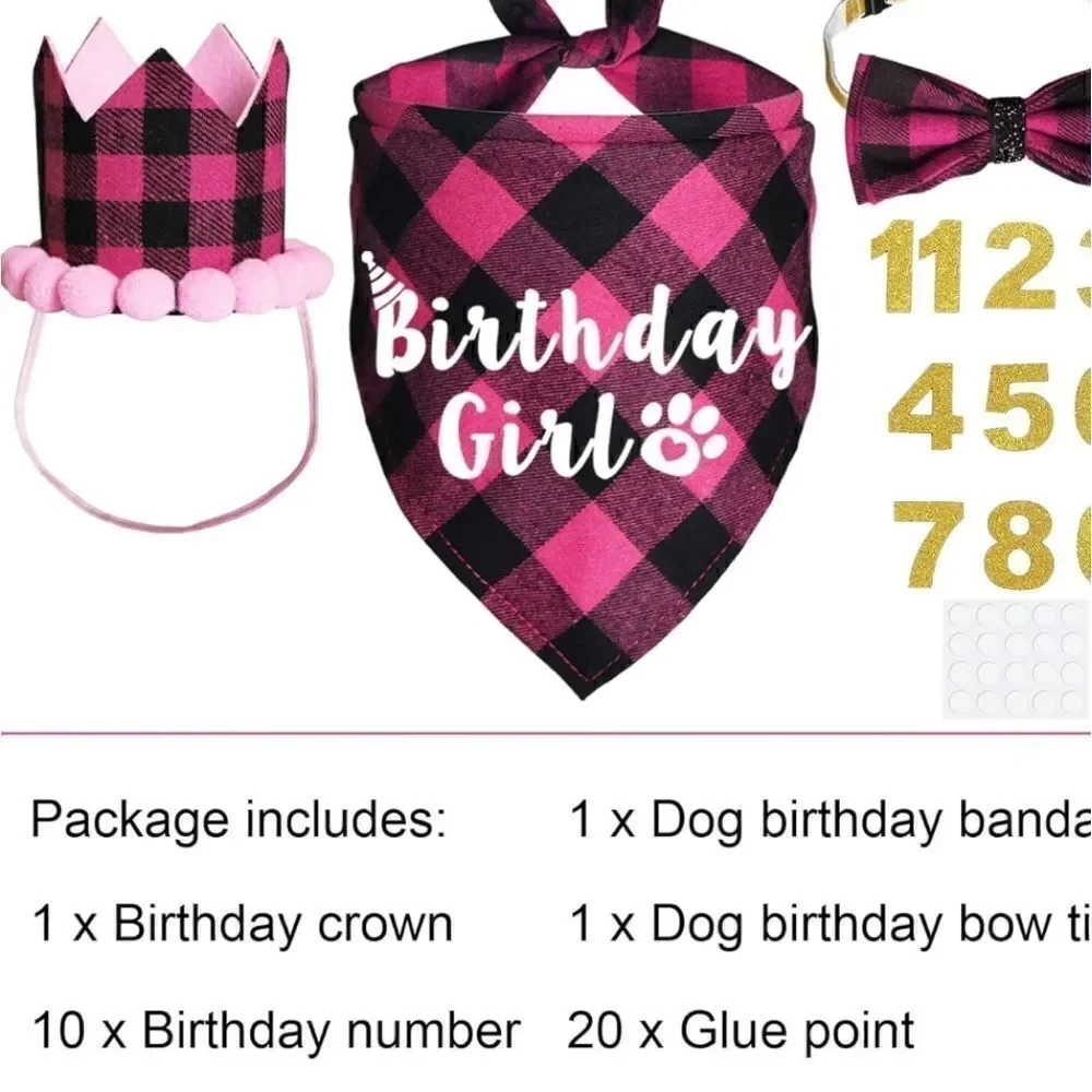 Dog Birthday Party Supplies, Plaid Dog Birthday Bandana Girl Pink